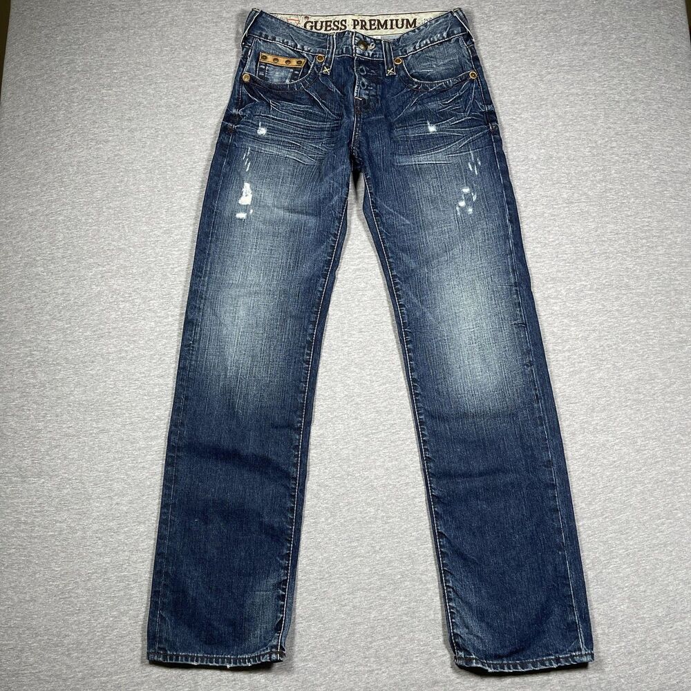 GUESS Jeans Mens 30 Blue Straight Mid Rise Button Fly Studded Leather Trim Rebel